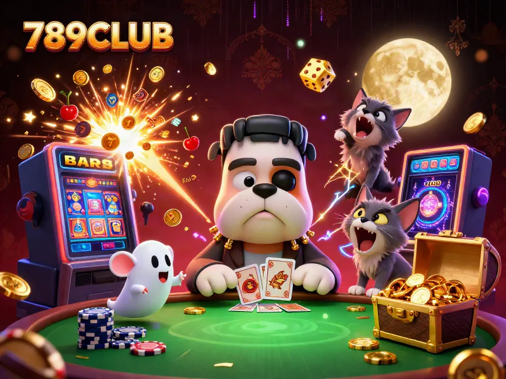 Engage in thrilling gaming at 789CLUB with a mysterious bulldog dealer and ghostly elements.