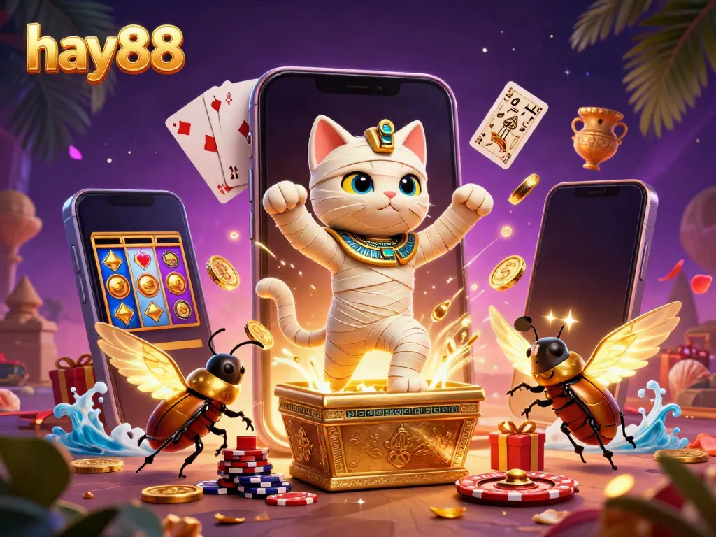 Experience the excitement of hay88 casino games with vibrant illustrations of a mummy cat and golden treasures.