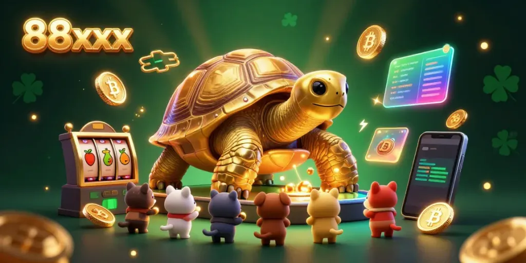 Engage with 88xx's thrilling casino atmosphere featuring a golden tortoise pinball machine surrounded by colorful game symbols and cryptocurrencies.