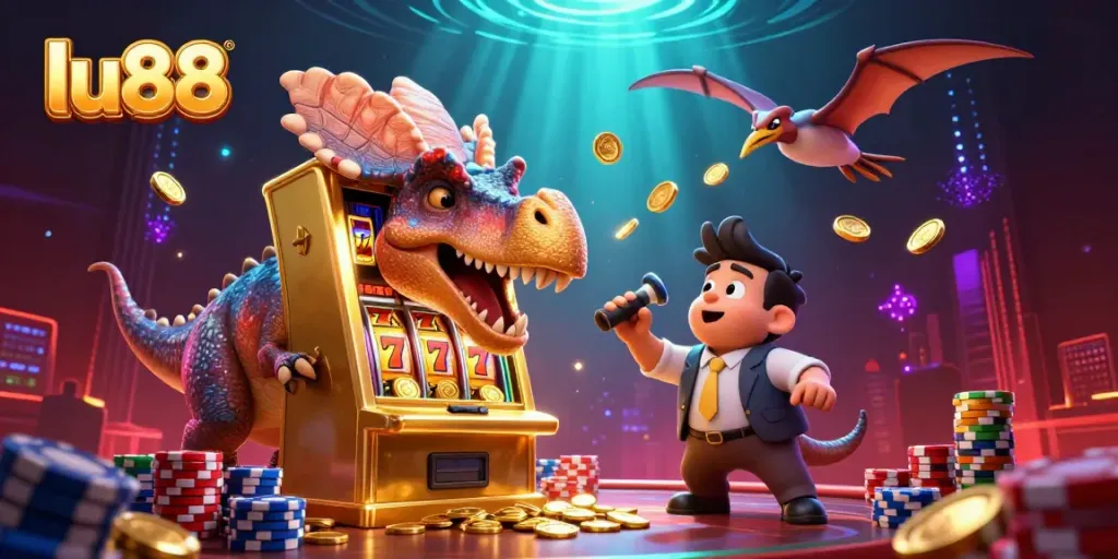 LU88 characters celebrating jackpot wins in a vibrant casino atmosphere, surrounded by dynamic elements