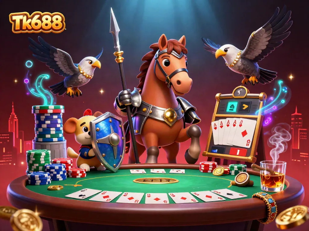 Engage in dynamic casino action with Tk688, featuring a knight, puppy, and falcon at a lively poker table.