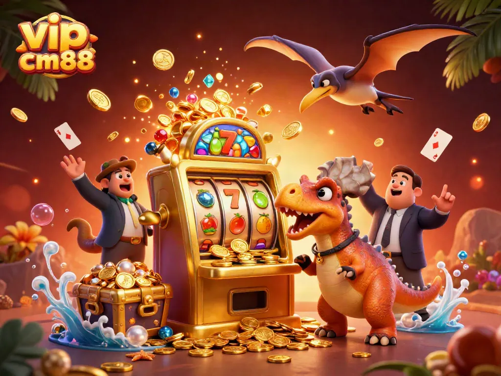Experience excitement with vip cm88 as pachycephalosaurus triggers a jackpot on a golden slot machine.