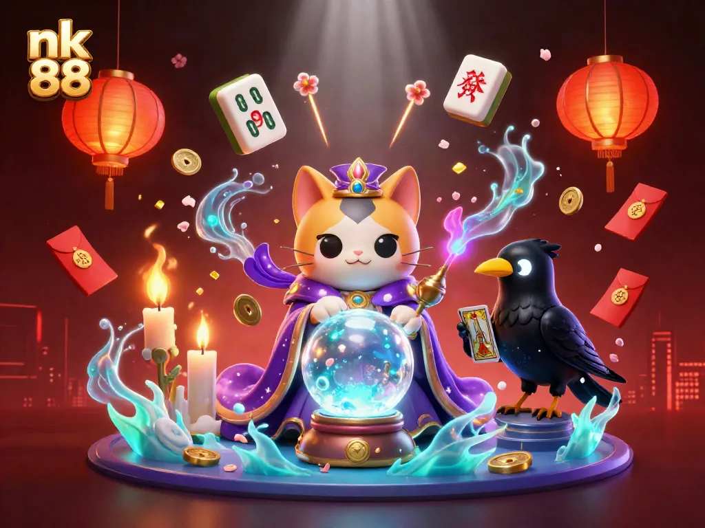 Engage with the mystical charm of nk 88, featuring a fortune teller cat, glowing raven, and rich casino elements.