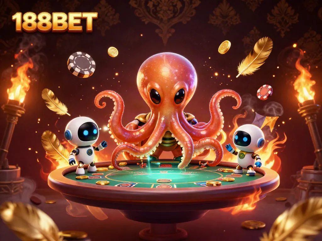 Experience thrilling poker action at 188BET with an alien octopus and robot amid dazzling casino elements.