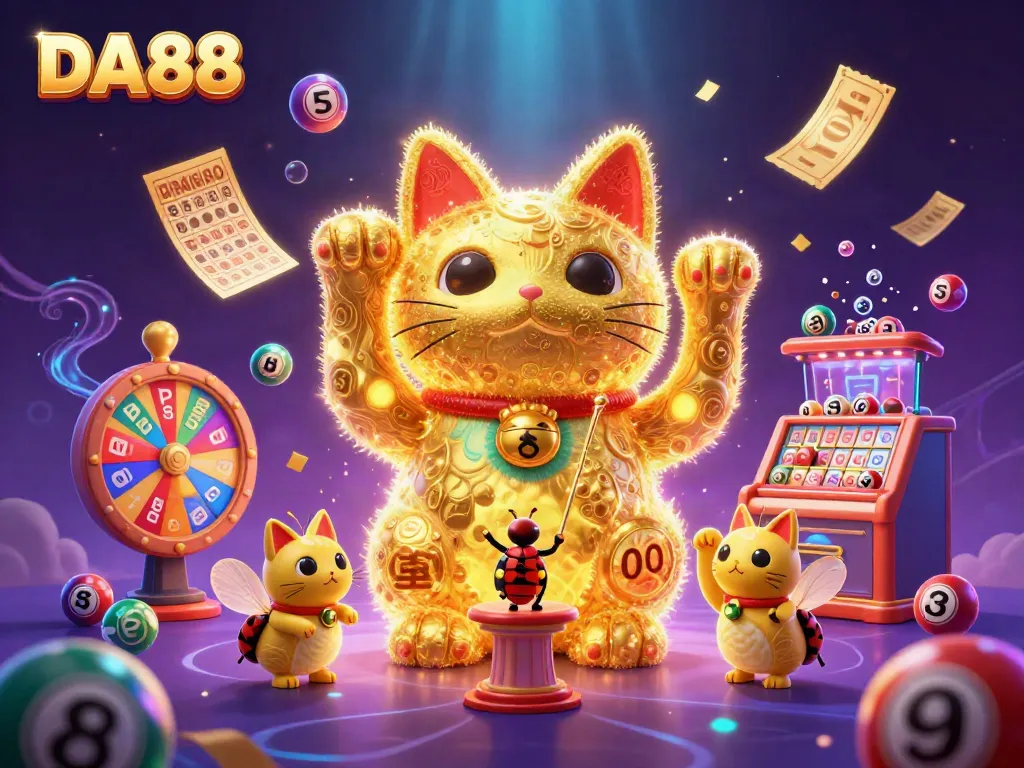 Engage with DA88 through a vibrant 3D illustration showcasing a lucky cat and dynamic casino elements.