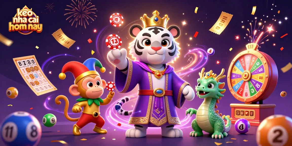 Win with keo nha cai hom nay showcased in a vibrant, energetic 3D casino illustration featuring playful characters and dynamic game elements.