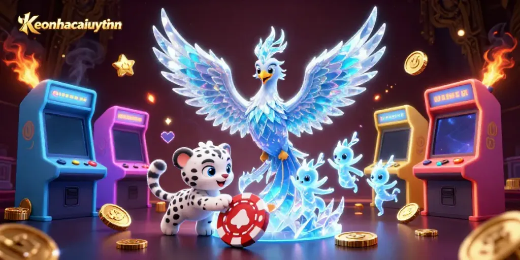 Engage with keonhacaiuytinn, showcasing an ice phoenix, snow leopard, and arcade elements in a sparkling casino scene.