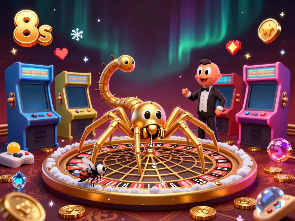 8s-themed casino scene with a spider spinning a roulette wheel web, showcasing vibrant elements and gaming action.