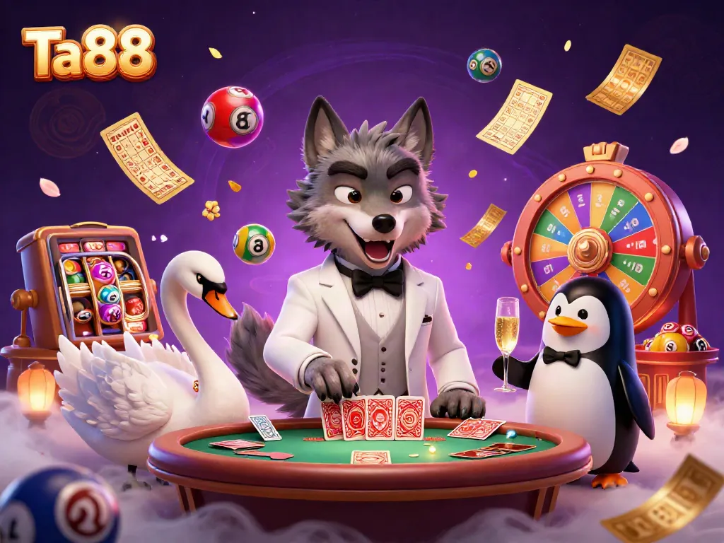 Experience the excitement of Ta88 with a debonair wolf, elegant swan, and sophisticated penguin in a vibrant casino scene.