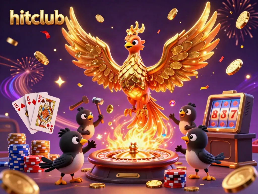 Experience electrifying wins and excitement at hitclub with a molten golden phoenix emerging from gaming treasures.