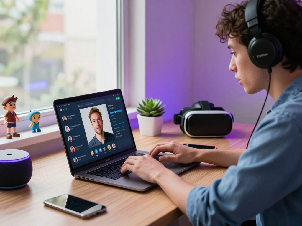 An engaging virtual chat scene showcasing ai sex chat interaction on a sleek laptop in a modern workspace with vibrant decor elements.