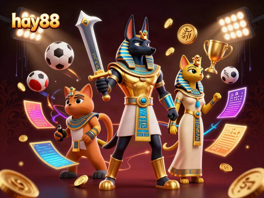 Engage with the hay88 online casino experience featuring Anubis and dynamic sports elements in an electrifying scene.