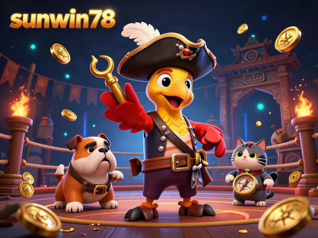 Engage with sunwin78's vibrant pirate-themed casino scene featuring dynamic gambling elements and characters.