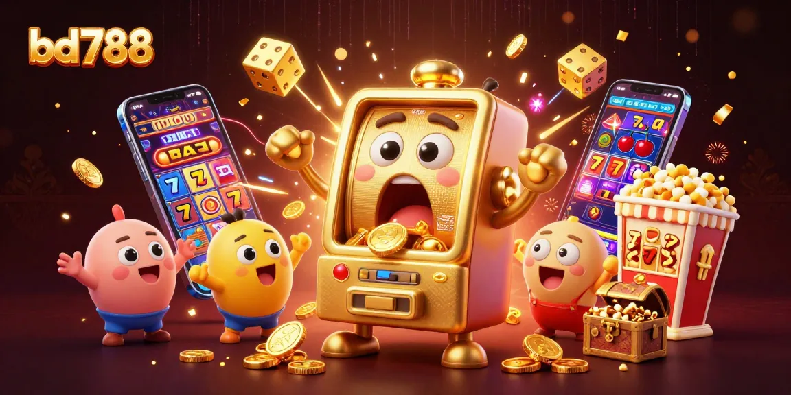 Watch bd788's golden slot machine celebrate its jackpot surrounded by smaller machines and casino symbols.
