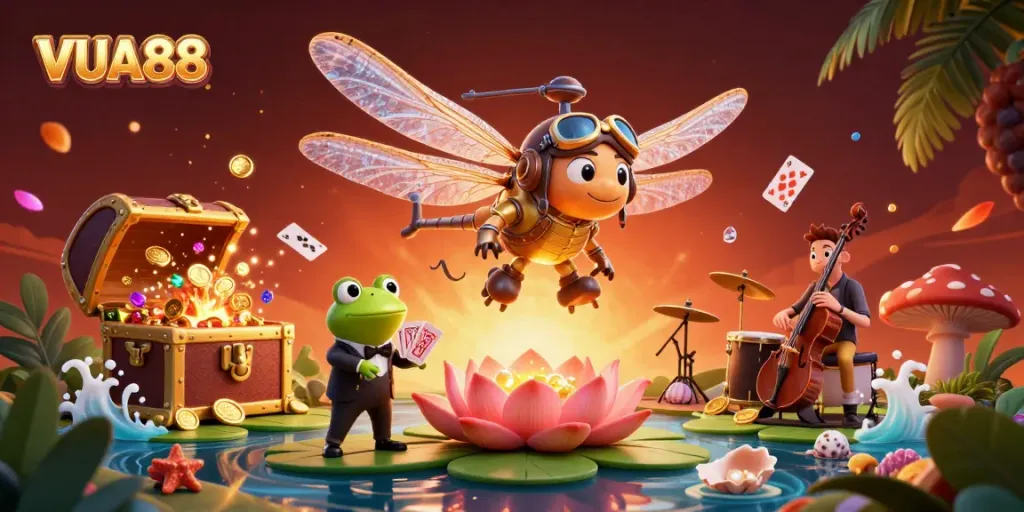 Experience VUA88's vibrant casino scene with animated 3D characters and lively action.