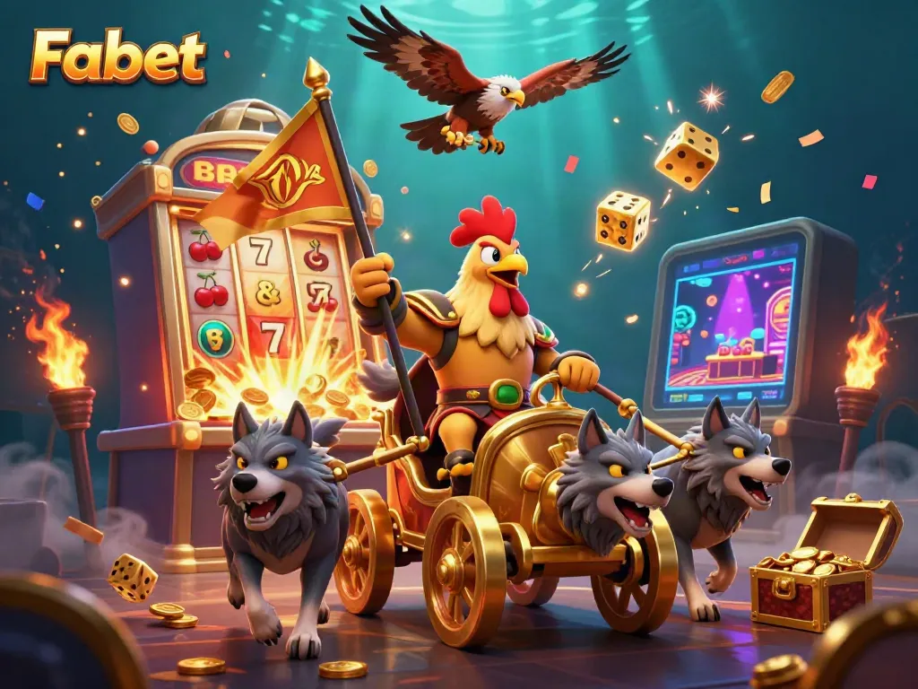 Join the adventure with Fabet as the rooster warlord battles for casino glory amidst a jackpot explosion.