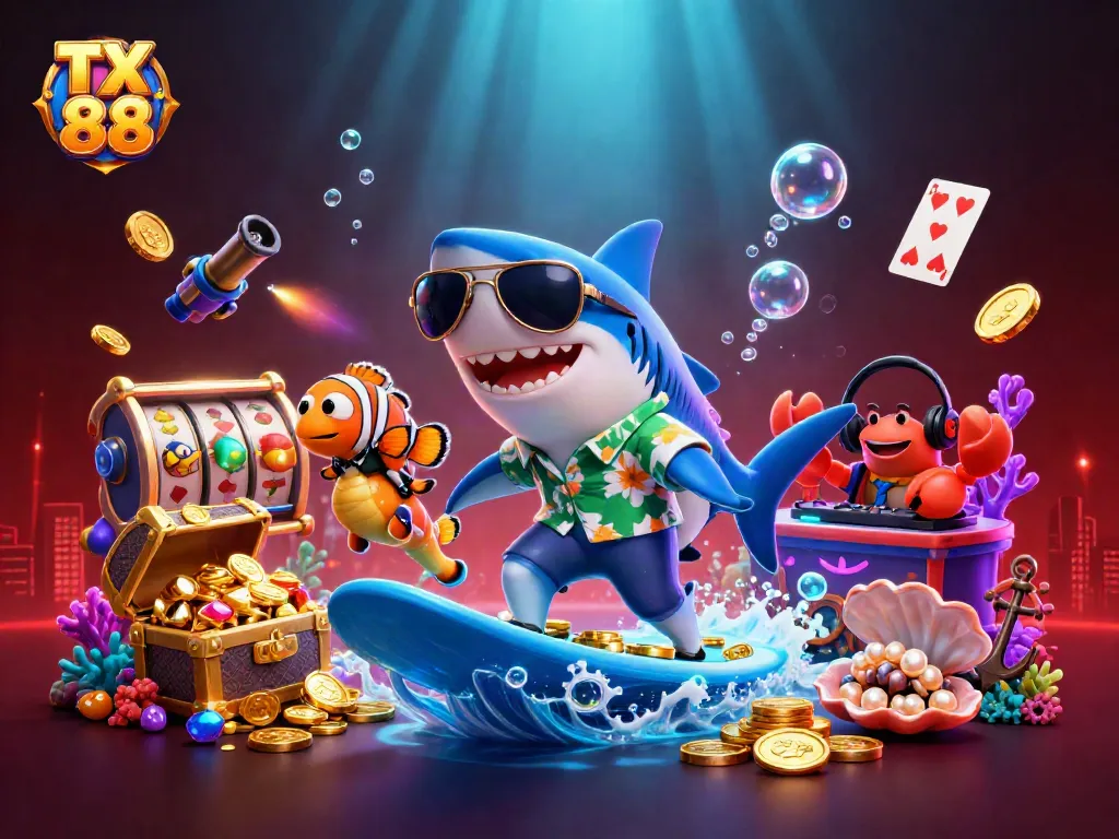 Engage in thrilling casino gameplay with TX 88 featuring colorful characters, slots, and exciting elements.