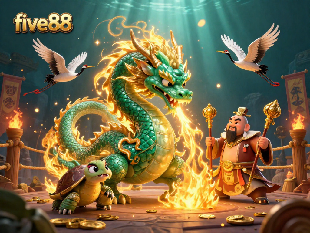 Experience thrilling gameplay at five88 with a stunning illustration of a radiant jade dragon and lucky cranes.