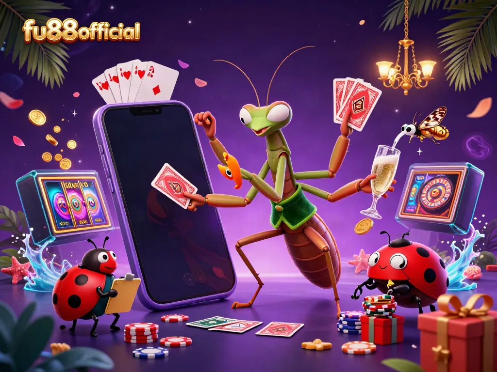 fu88offical casino scene with card sharp, pit boss, and rich game elements creating vibrant gambling energy.