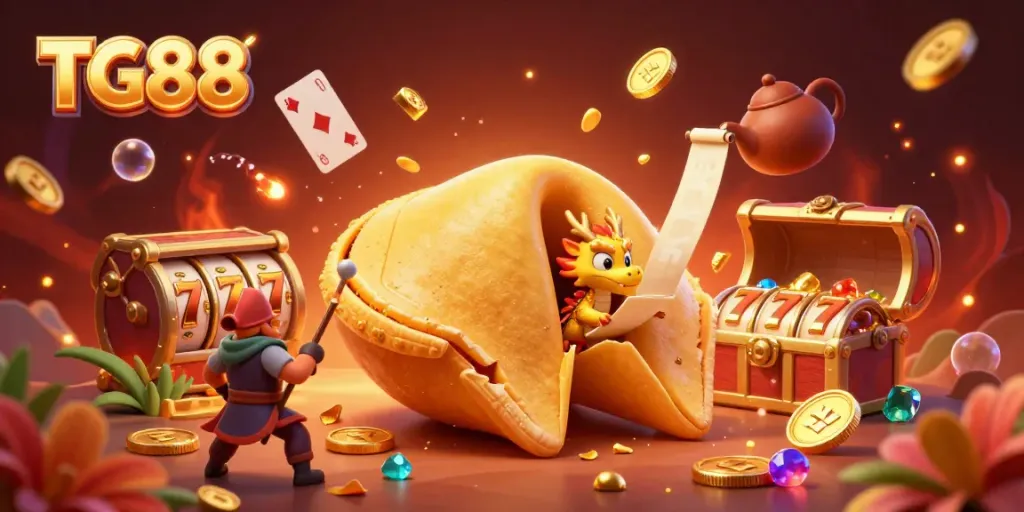 Engage with TG88's vibrant 3D casino adventure featuring a golden fortune cookie and treasures.
