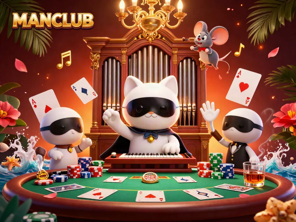 Experience thrilling poker action in the MANCLUB casino scene with engaging characters and vibrant decor.