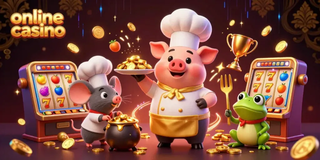 Engaging online casino scene with a chef pig serving gold coins, dynamic slot game elements.