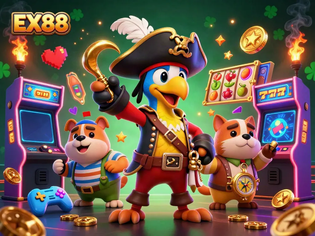 Experience the excitement of EX88 with a vibrant casino scene featuring a pirate captain and colorful slot elements.