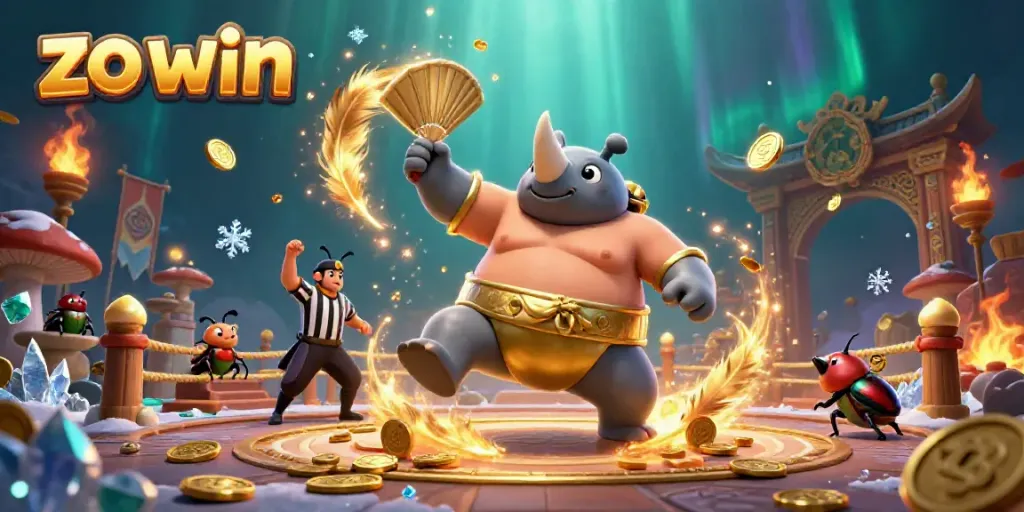 Engaging scene of zo win game with a rhinoceros beetle champion, collecting coins in a dynamic arena.