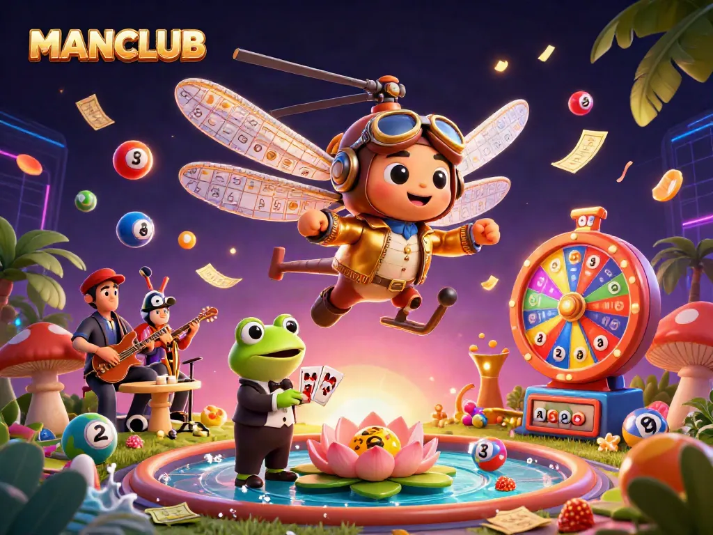 Experience MANCLUB's vibrant casino scene with colorful lottery elements and unique characters.