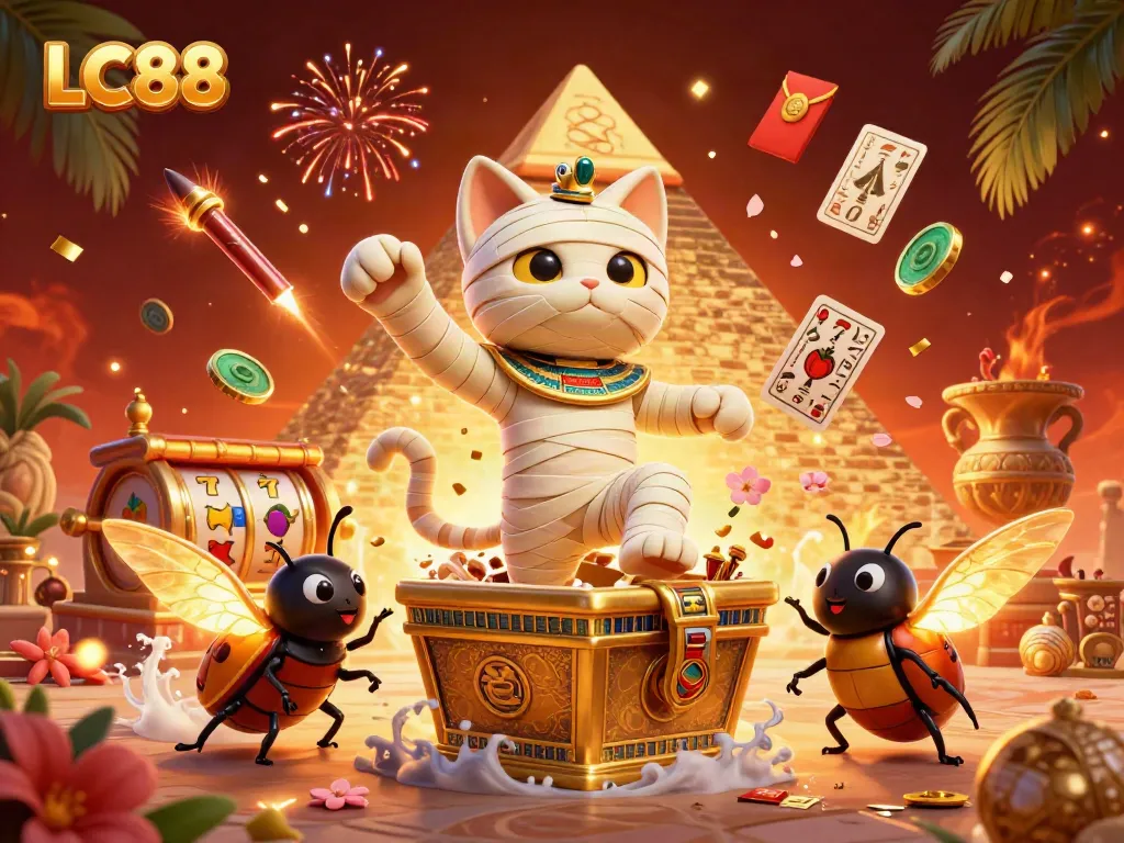 LC88 casino scene featuring a cartoon mummy cat, gold coins, and vibrant slot reels.
