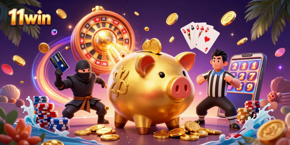 Experience thrilling gaming action at 11win with golden coins falling and vibrant casino elements.