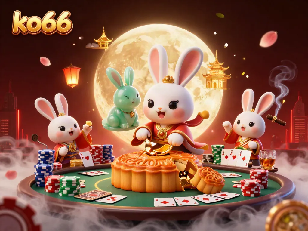 Experience the thrill of ko66 casino with colorful poker elements and playful rabbits in a lunar scene.