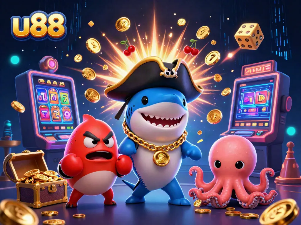 Spin to win big at u88 with a colorful casino scene featuring vibrant game characters and dynamic elements.