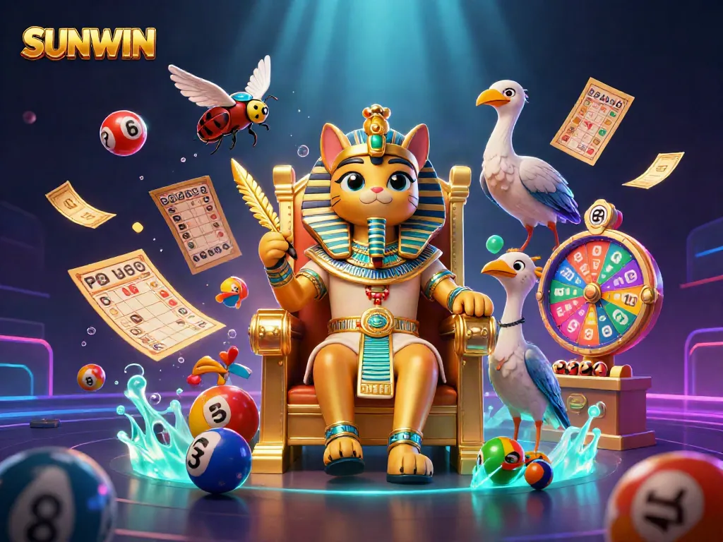 SUNWIN brings excitement with a pharaoh cat on a throne surrounded by dynamic gambling elements.