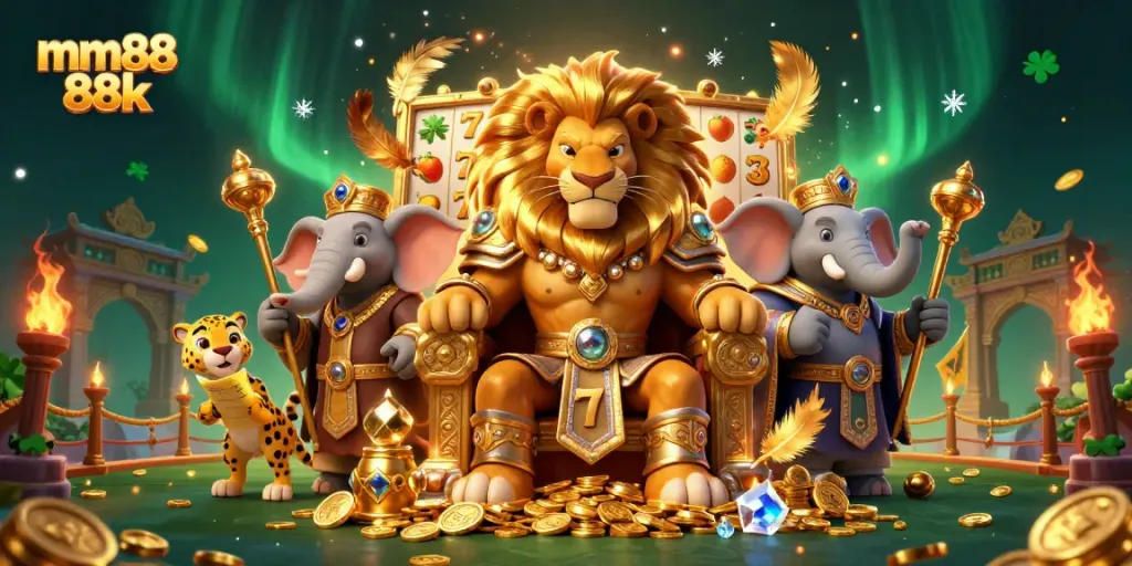Experience the excitement of mm88 88k with our dynamic casino scene featuring a fierce lion king and thrilling slot elements.