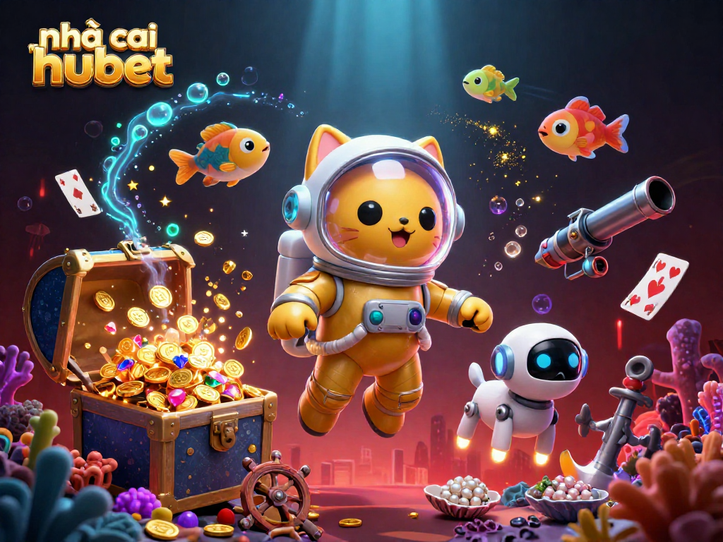 Play and win at nhà cái hubet with vibrant gaming elements in a colorful 3D illustration.