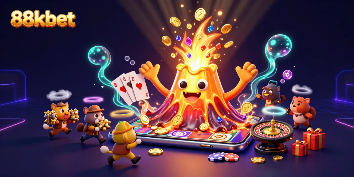 Experience the excitement of 88kbet with a vibrant illustration of a golden volcano erupting coins amid casino symbols.