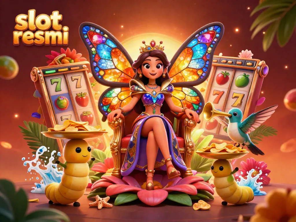 Engage with exciting slot resmi moments in a vibrant casino scene featuring a butterfly queen and chip-carrying caterpillars.