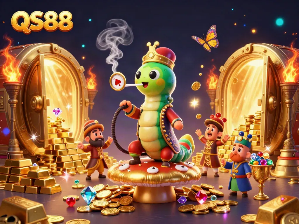 Experience the thrill of QS88 with a colorful scene of a caterpillar master and casino elements.