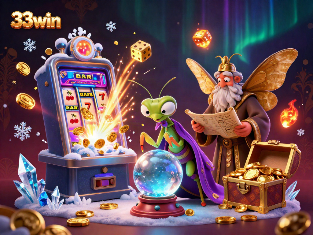 Experience the magic of 33win with a mystical casino scene featuring fortune tellers, a jackpot explosion, and vibrant game elements.