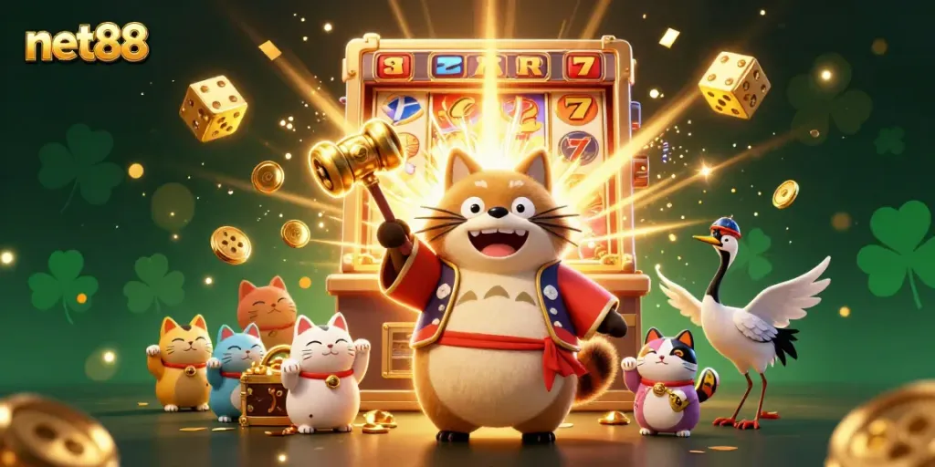 Experience the thrill of net88 with a cheerful tanuki, explosive jackpots, and good luck symbols!