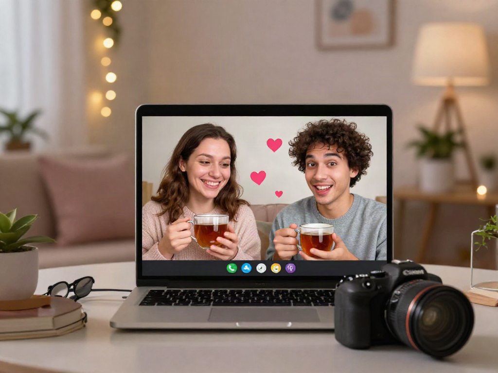Engaging sex chat scene with a couple connecting through video call, showing warmth and intimacy.