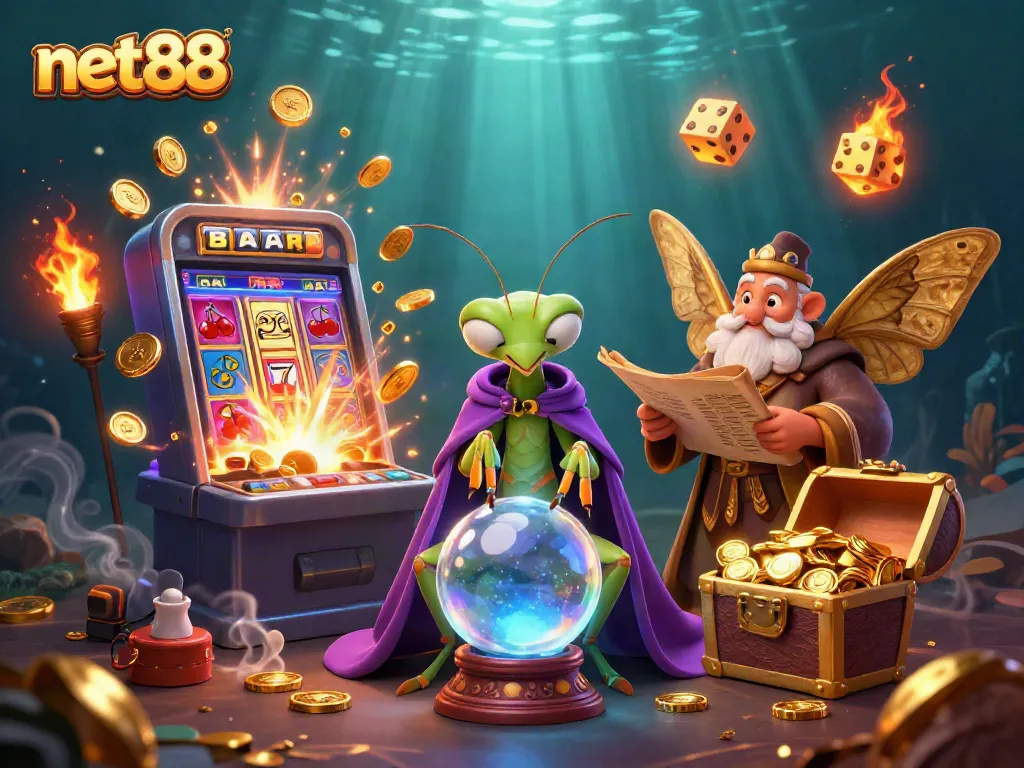 Experience thrilling wins with net88 in a rich, colorful casino scene featuring lively characters.