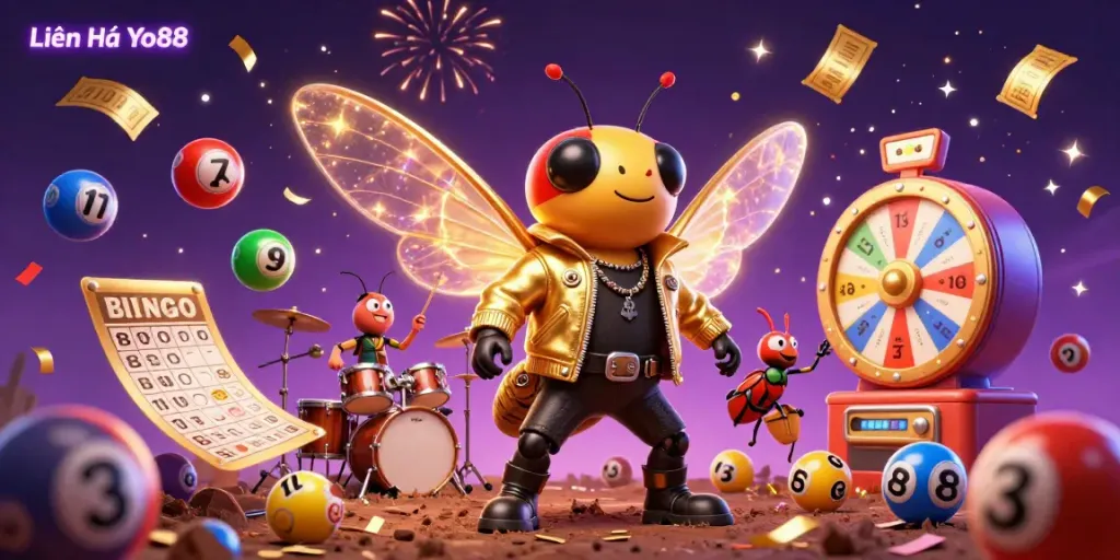 Experience Liên Hệ Yo88 with vibrant lottery elements and animated characters in action, engaging with games.
