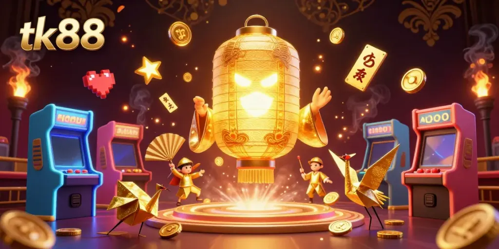 Engage in tk88 gaming excitement with a vibrant scene featuring lucky lantern spirit and arcade elements.