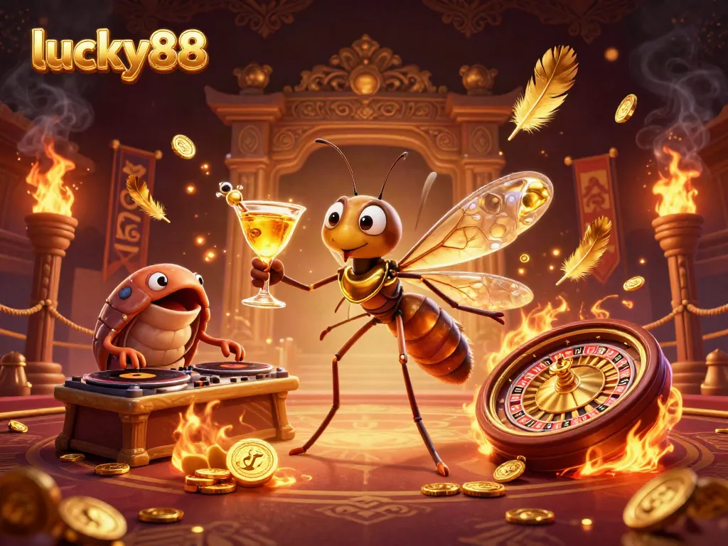 Engage with the dynamic world of lucky88, featuring casino mascots and game elements in a vibrant 3D scene.