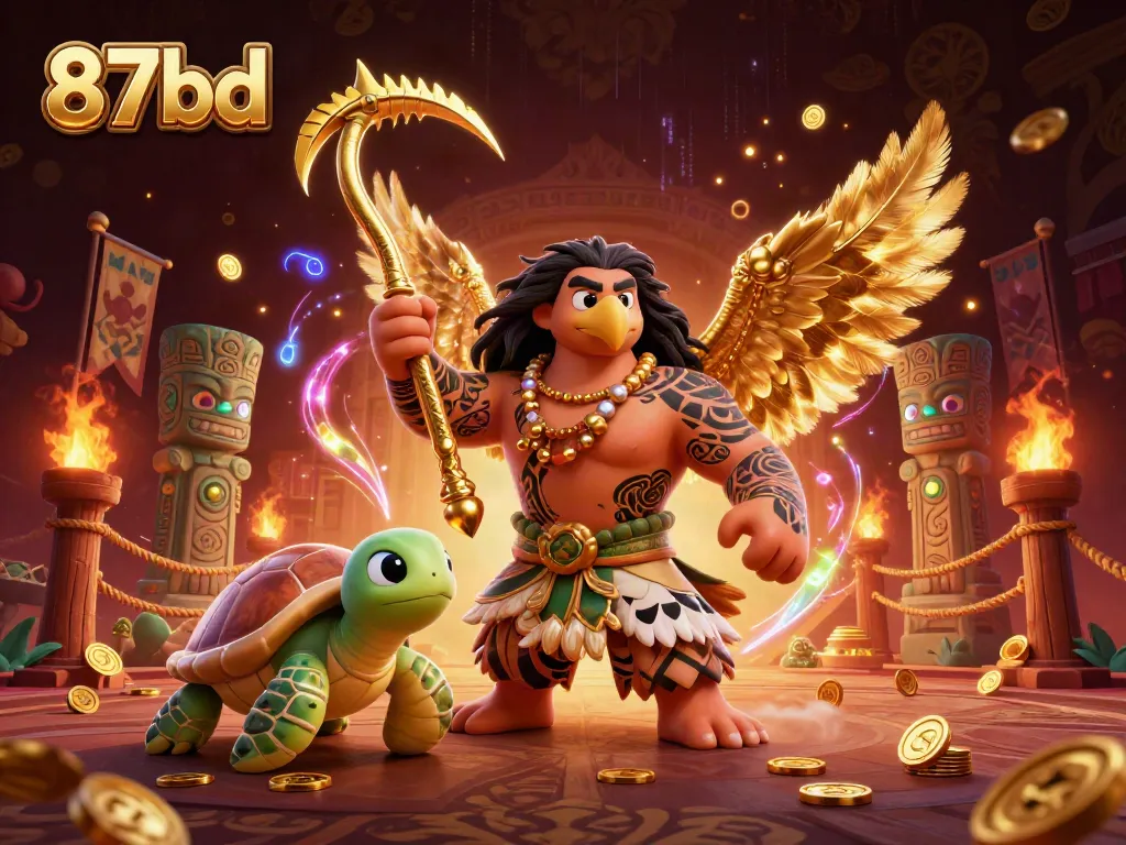 Experience vibrant thrills at 87bd with the demigod hawk and turtle in an electrifying casino scene.