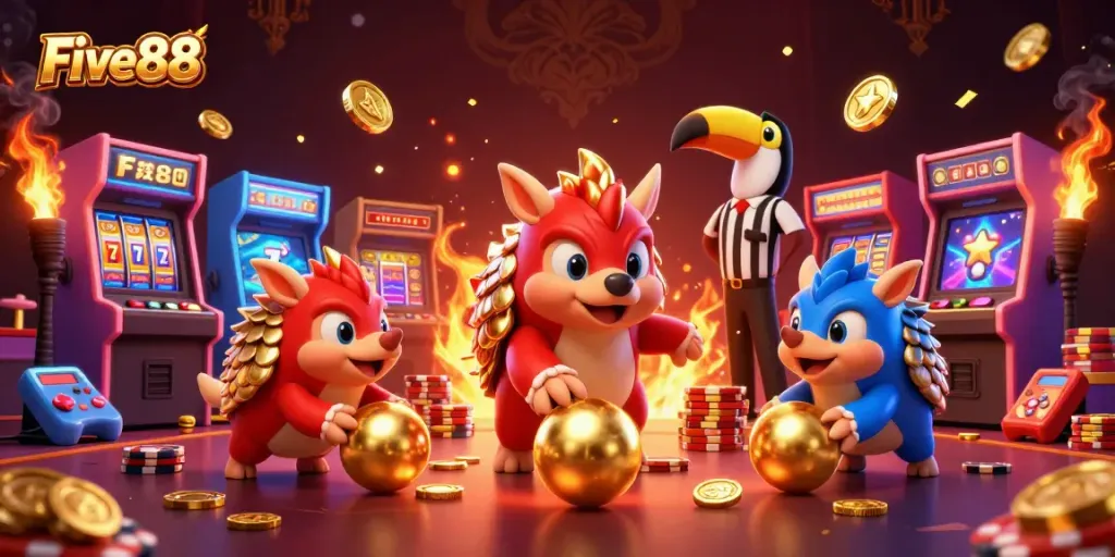 Experience thrilling gameplay at Five88 with colorful pangolins competing through golden chips in exciting casino-themed action.