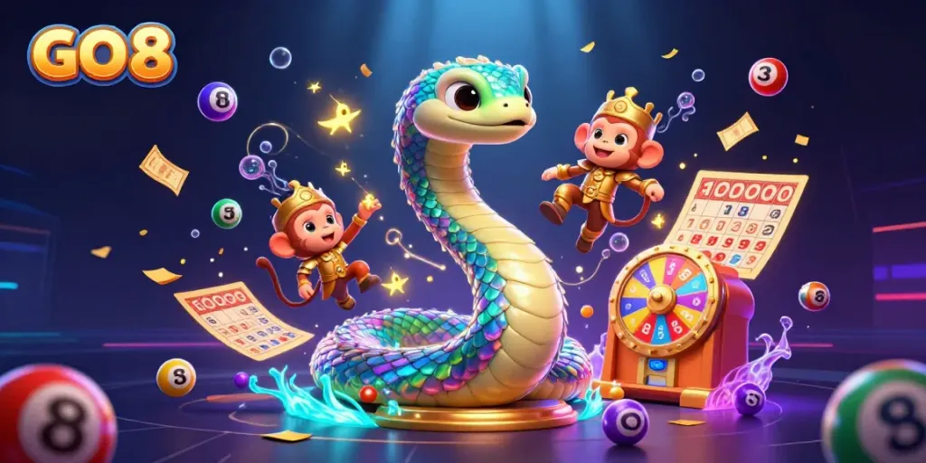 Experience the thrill of GO 8 with vibrant elements celebrating lively lottery games and dynamic casino action.