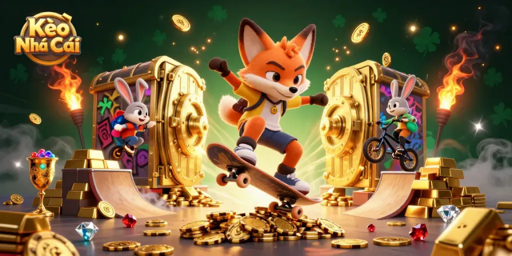 Engage with Kèo Nhà Cái as a skateboarder fox and BMX rabbit celebrate casino fun.